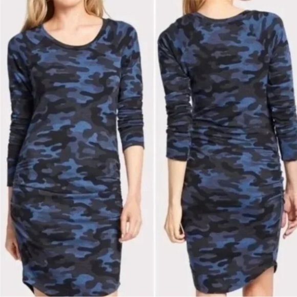 Sundry Dresses & Skirts - Sundry stretch ruched sweatshirt dress French terry backing blue camouflage XS